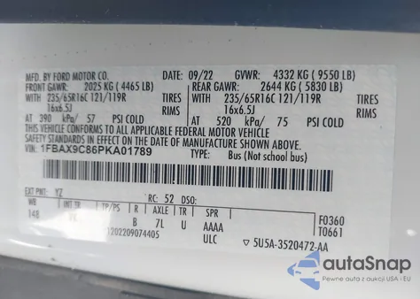 2023 Ford Transit-350 Passenger Van Xl z USA, uszkodzony, nr VIN 1FBAX9C86PKA01789